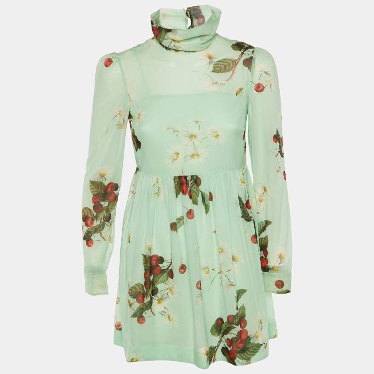 Pre Owned RED Valentino Green Floral Cherry Print Silk Mini Dress S