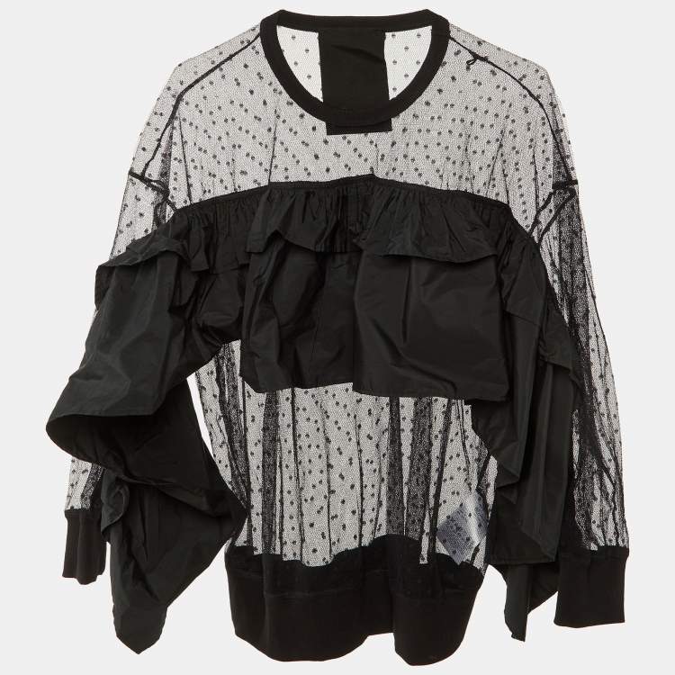 Pre Owned RED Valentino Black Pointelle Tulle & Taffeta Ruffled Top XS