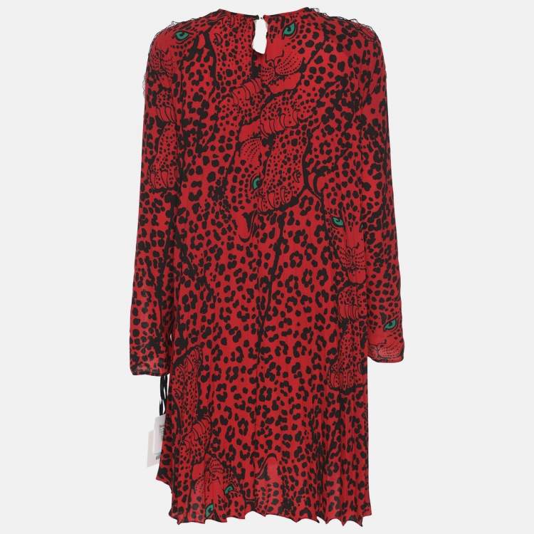 Pre Owned RED Valentino Red Animal Print Stretch Crepe and Lace Long Sleeve Top Dress M