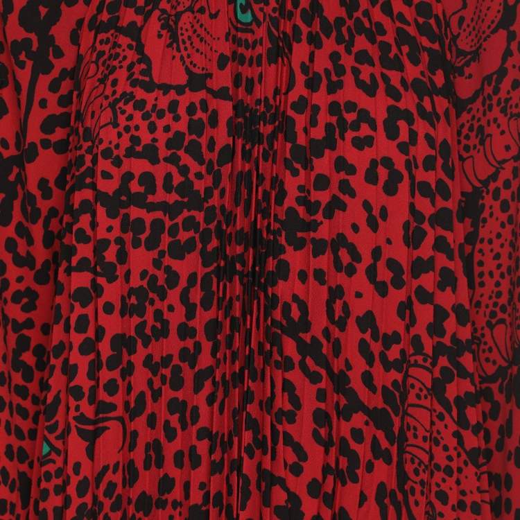 Pre Owned RED Valentino Red Animal Print Stretch Crepe and Lace Long Sleeve Top Dress M