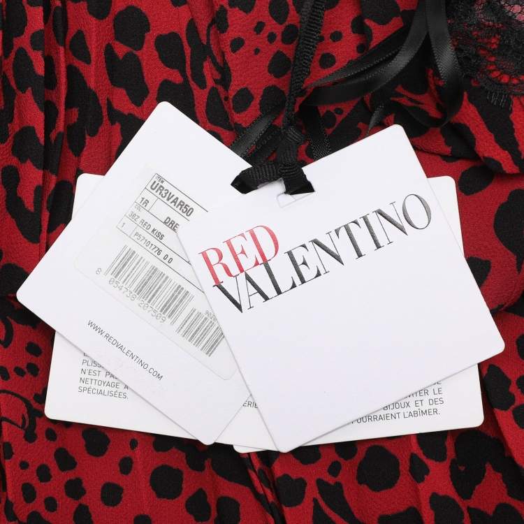 Pre Owned RED Valentino Red Animal Print Stretch Crepe and Lace Long Sleeve Top Dress M