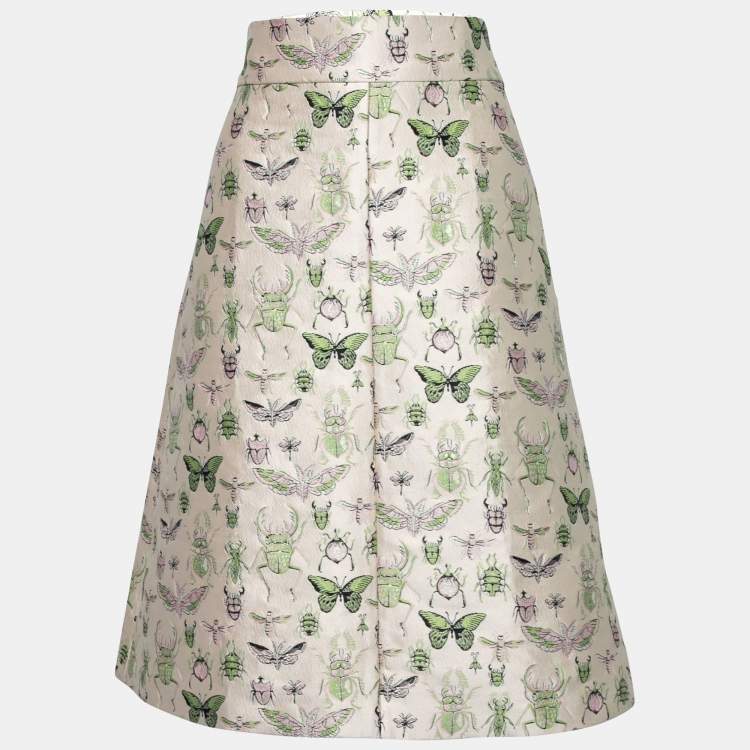 Pre Owned RED Valentino Cream Insect Lurex Jacquard Knee Length Skirt L