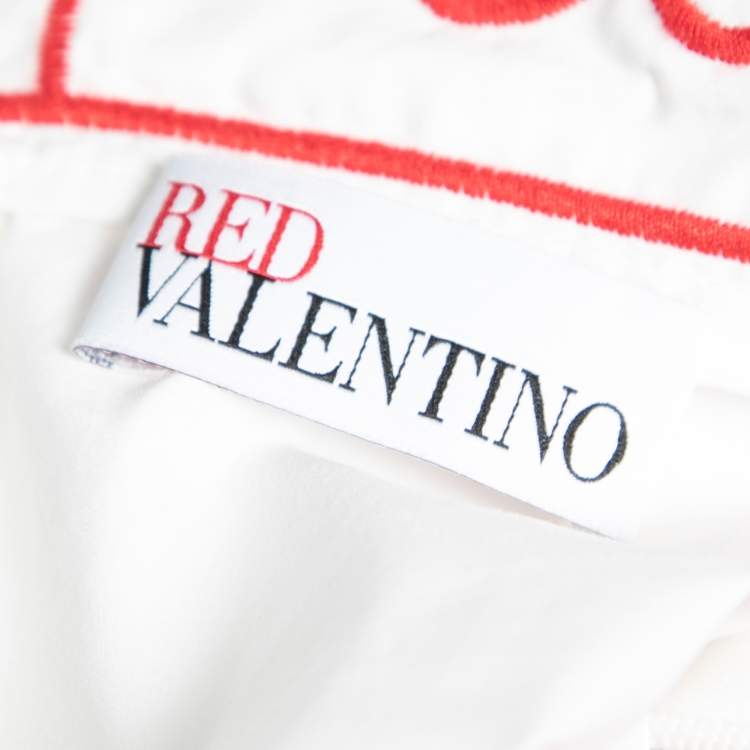 Pre Owned RED Valentino White and Red Cotton Embroidered Peter Pan Collar Dress M