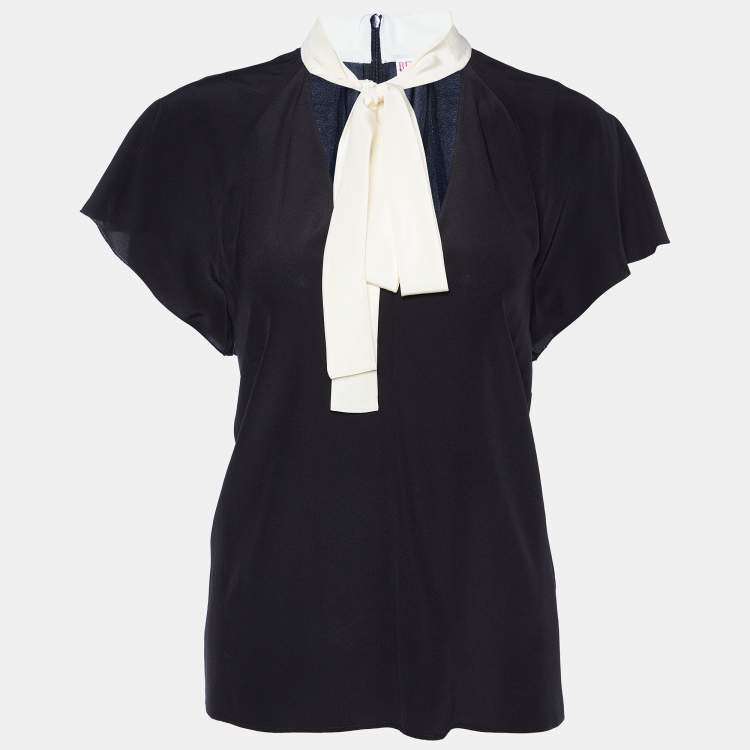 Pre Owned RED Valentino Black Silk Contrast Neck Tie Detail Top M