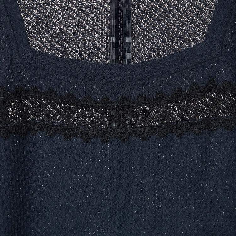 Pre Owned RED Valentino Navy Blue Patterned Knit Bow Detail Midi Dress L