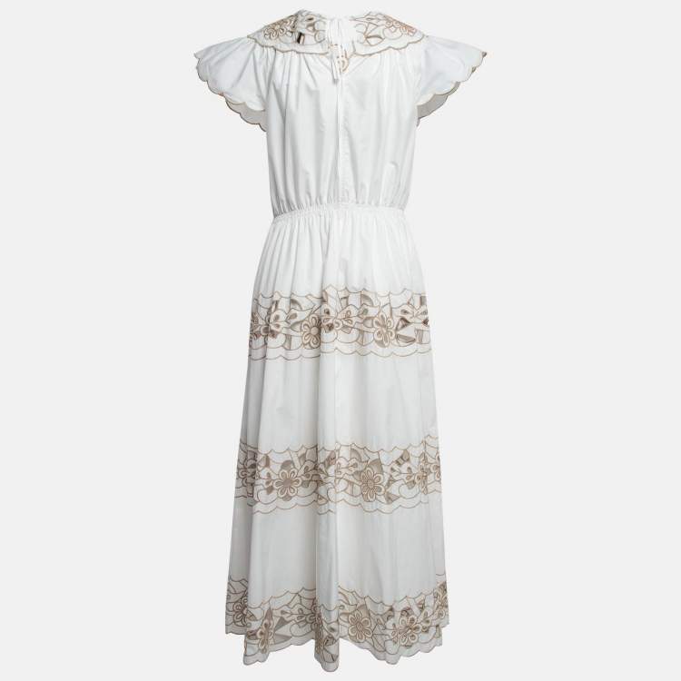 Pre Owned RED Valentino White Embroidered Poplin Tiered Maxi Dress M