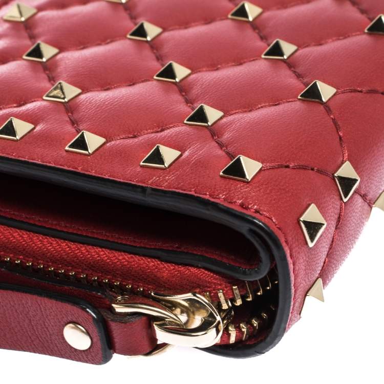 Pre Owned Valentino Red Leather Rockstud Spike French Wallet