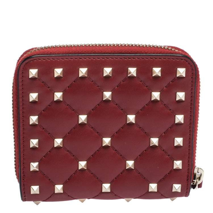 Pre Owned Valentino Red Leather Rockstud Spike French Wallet