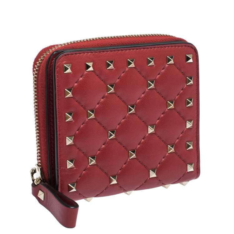 Pre Owned Valentino Red Leather Rockstud Spike French Wallet