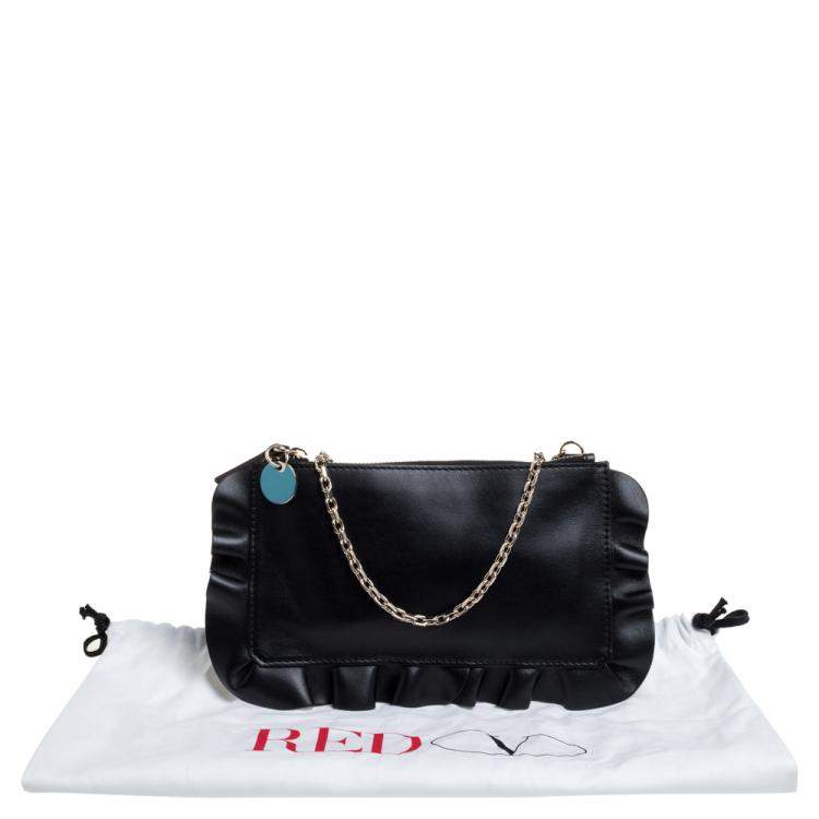 Pre Owned RED Valentino Black Leather Rock Ruffles Pochette Bag