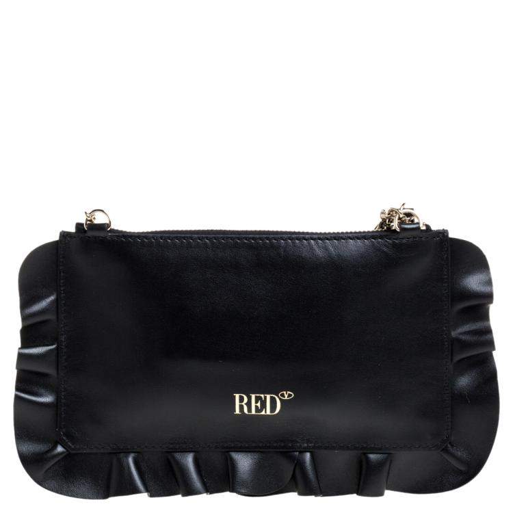 Pre Owned RED Valentino Black Leather Rock Ruffles Pochette Bag