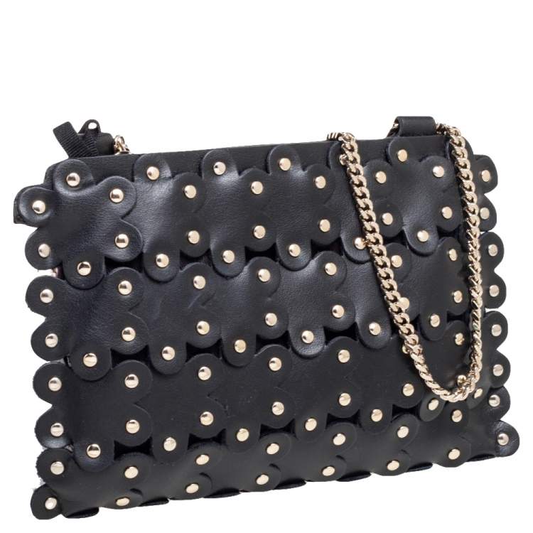 Pre Owned RED Valentino Black Leather Flower Puzzle Pochette Bag