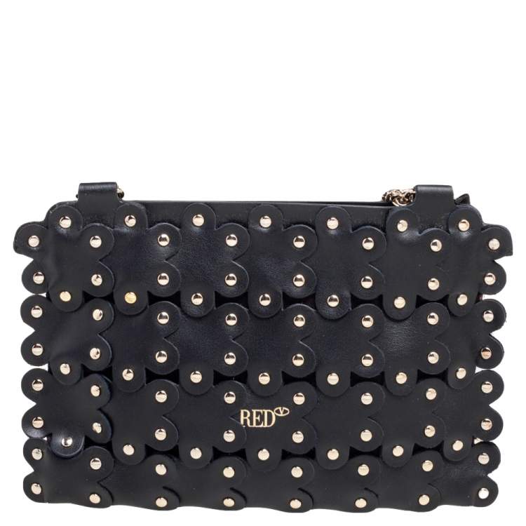 Pre Owned RED Valentino Black Leather Flower Puzzle Pochette Bag