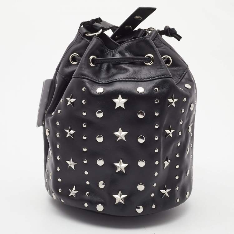 Pre Owned RED Valentino Black Leather Studded Drawstring Bucket Bag
