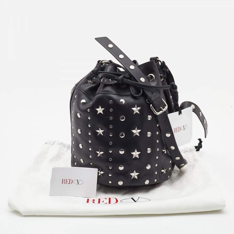 Pre Owned RED Valentino Black Leather Studded Drawstring Bucket Bag