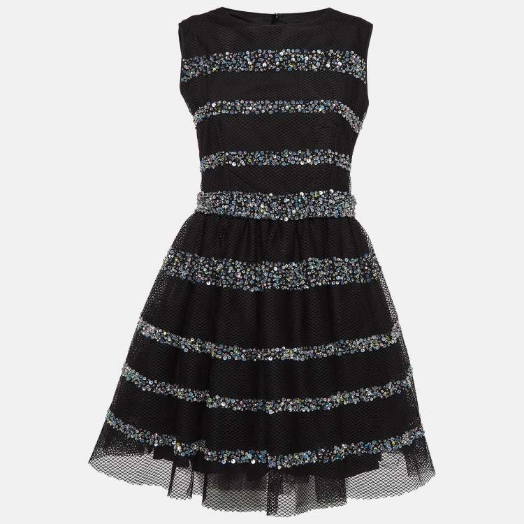 Pre Owned Red valentino Black Crystal Embellished Mesh Flared Short Dress M