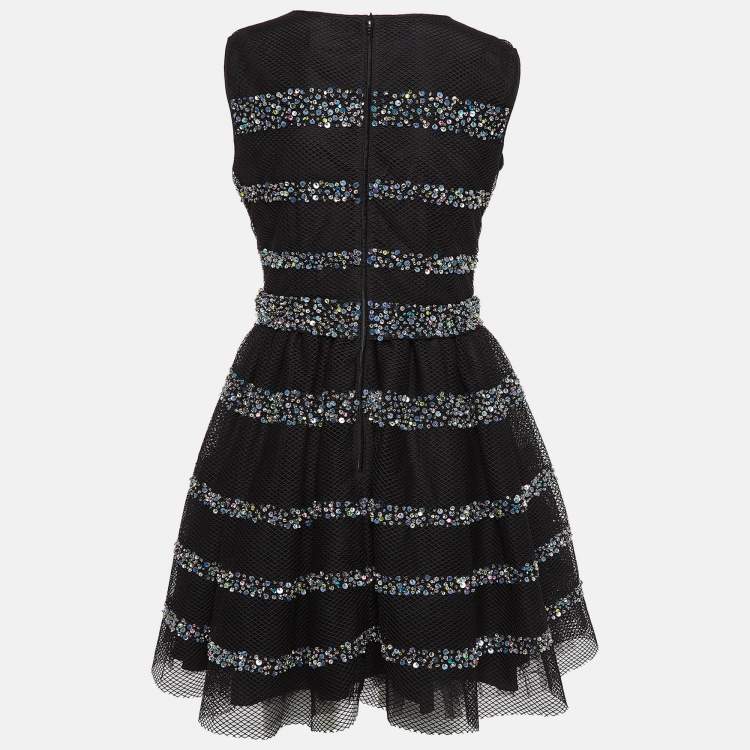 Pre Owned Red valentino Black Crystal Embellished Mesh Flared Short Dress M