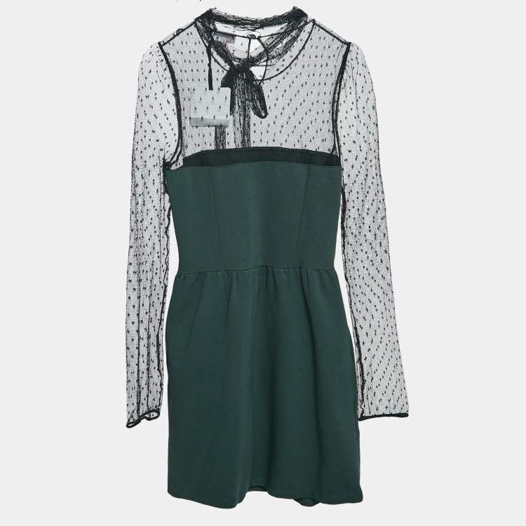 Pre Owned RED Valentino Green/Black Jersey and Lace High Neck Mini Dress L
