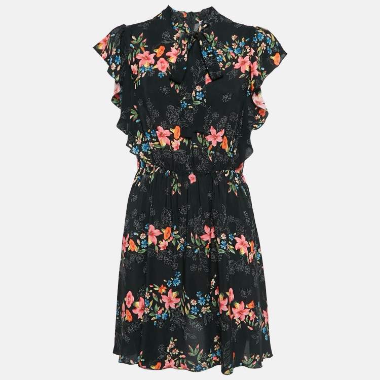 Pre Owned RED Valentino Black Floral Print Silk Ruffled Mini Dress M