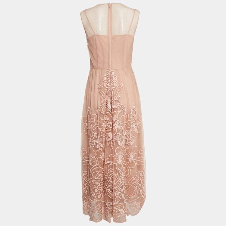 Pre Owned RED Valentino Peach Pink Floral Embroidered Tulle Maxi Dress M