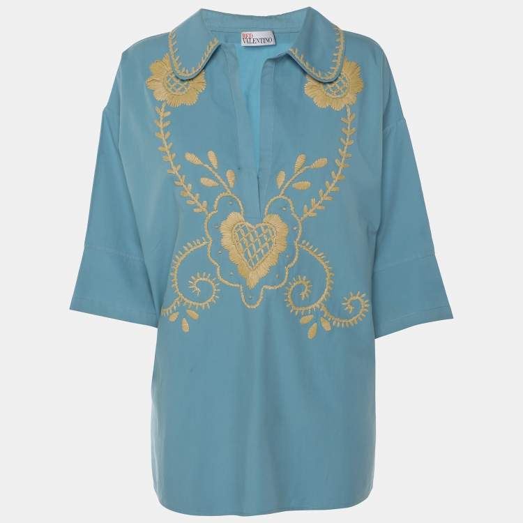 Pre Owned RED Valentino Light Blue Cotton Embroidered Blouse M