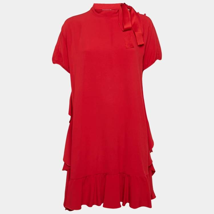 Pre Owned RED Valentino Red Crepe Ruffled Tie-Up Neck Detail Mini Dress M