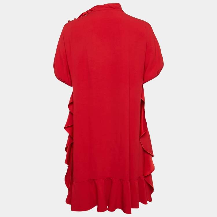 Pre Owned RED Valentino Red Crepe Ruffled Tie-Up Neck Detail Mini Dress M