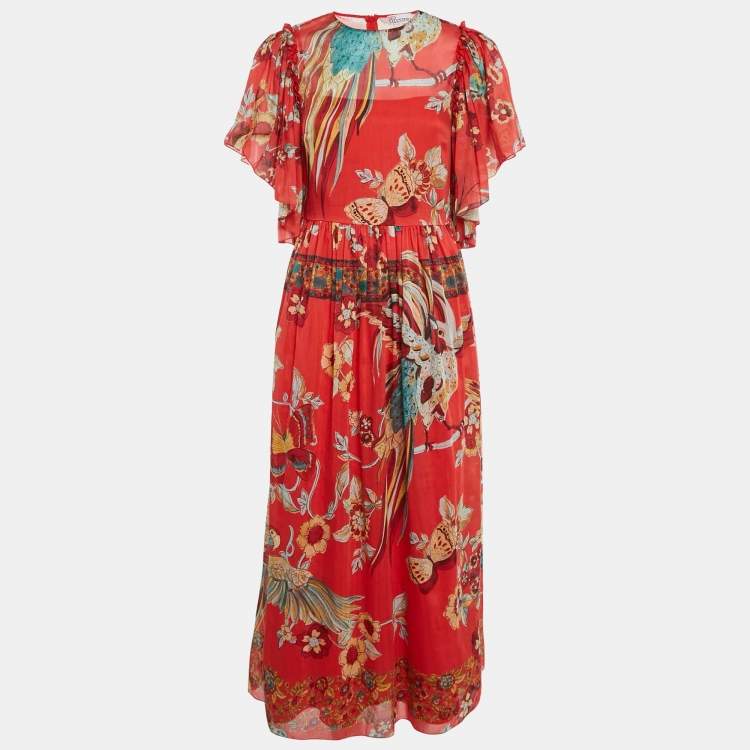 Pre Owned RED Valentino Red Floral Print Cotton Blend Long Dress S