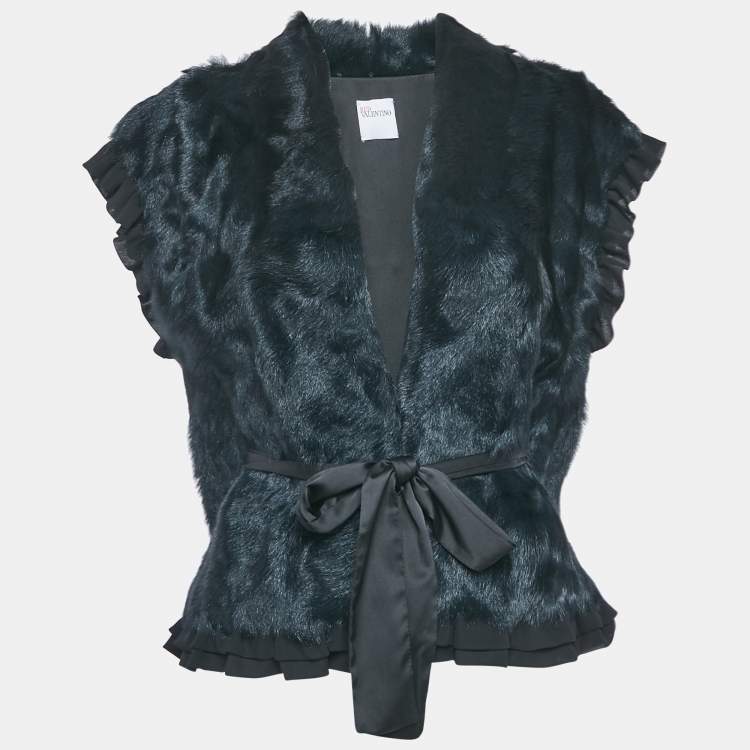 Pre Owned RED Valentino Navy Blue Real Fur Ruffle Detail Belted Vest M
