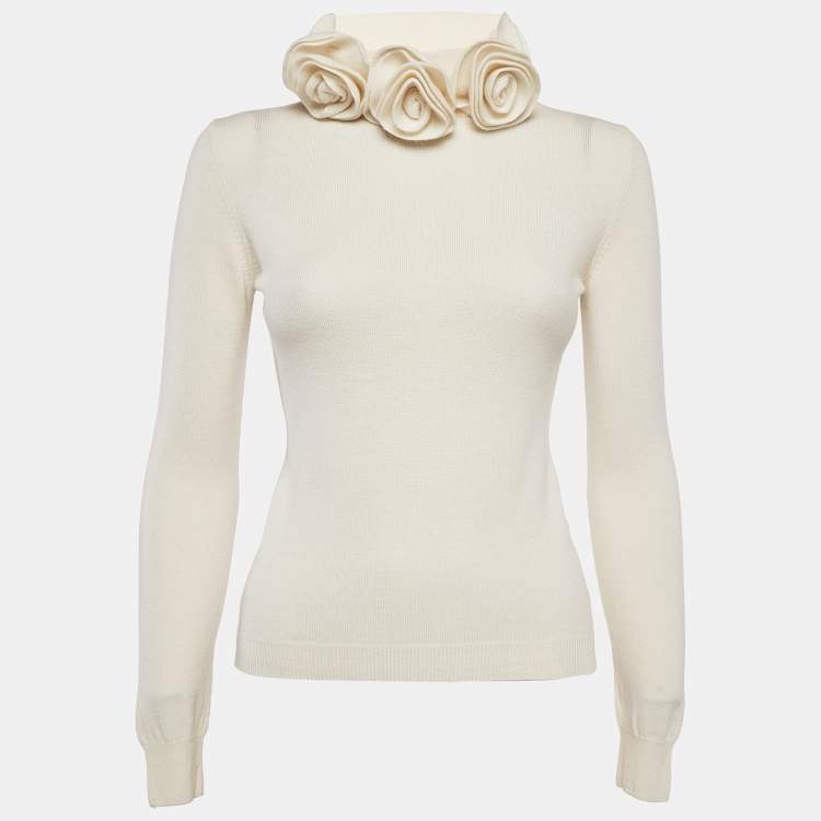 Pre Owned RED Valentino Off-White Knit Floral Detail Full Sleeve Sweater M