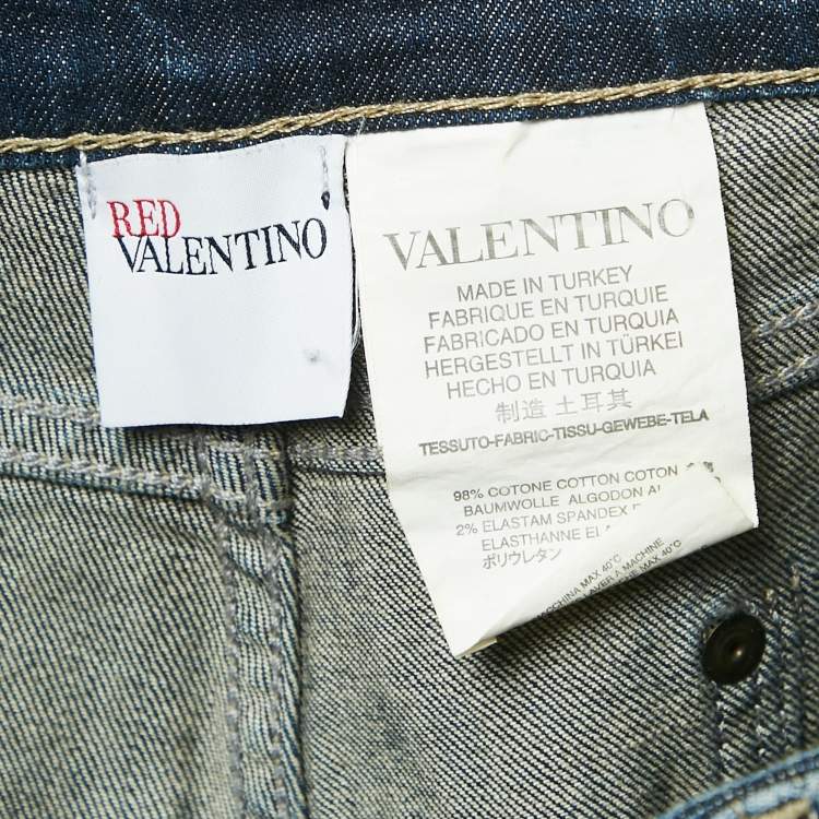 Pre Owned RED Valentino Blue Denim Rose Applique Wide Leg Jeans L Waist 33"