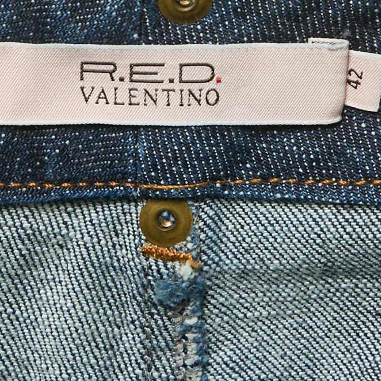 Pre Owned RED Valentino Blue Denim Lace Ruffled Mini Skirt M Waist 31"