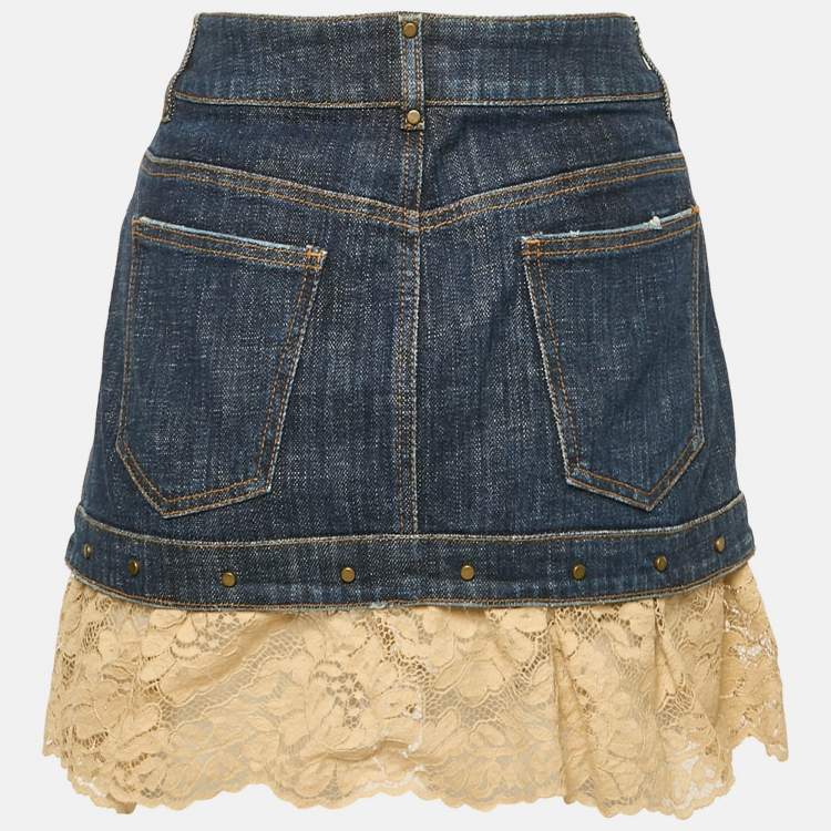 Pre Owned RED Valentino Blue Denim Lace Ruffled Mini Skirt M Waist 31"