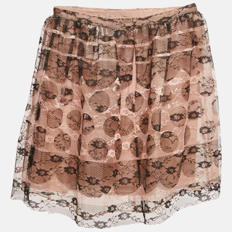 Pre Owned RED Valentino Beige/Black Patterned Tulle Mini Skirt S