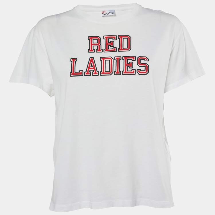 Pre Owned RED Valentino White Red Ladies Cotton Distressed T-Shirt S