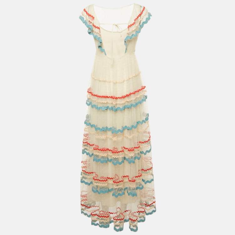 Pre Owned RED Valentino Cream Tulle Lace Detail Ruffled Maxi Dress M
