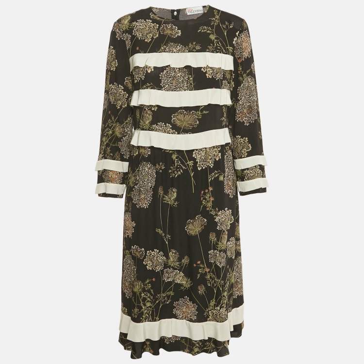 Pre Owned RED Valentino Black Floral Print Silk Frill Detail Midi Dress M