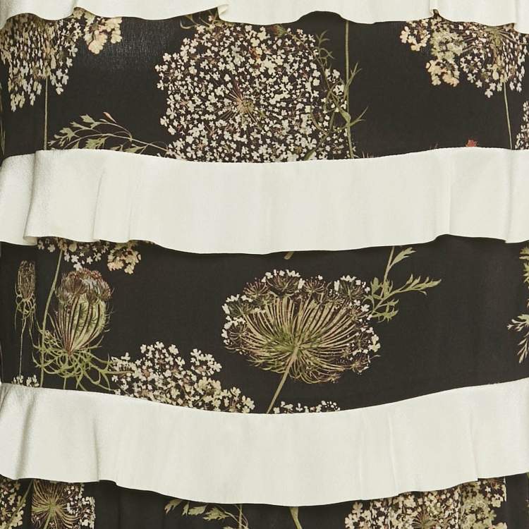 Pre Owned RED Valentino Black Floral Print Silk Frill Detail Midi Dress M