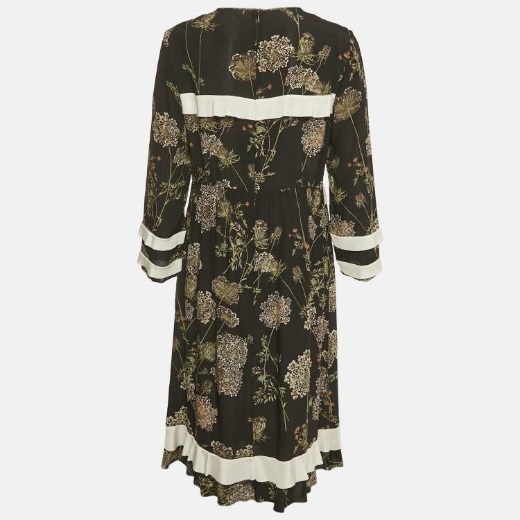 Pre Owned RED Valentino Black Floral Print Silk Frill Detail Midi Dress M