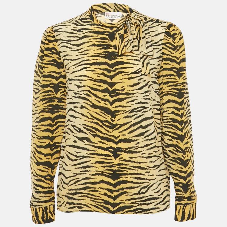 Pre Owned RED Valentino Yellow /Black Tiger Print Silk Neck Tie Detail Top M