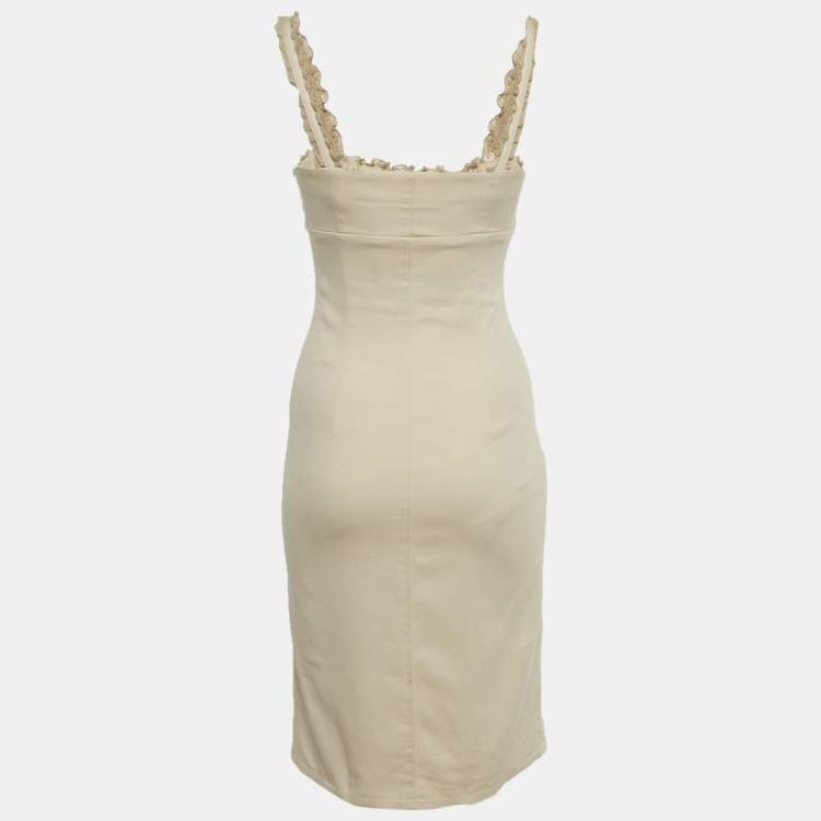 Pre Owned RED Valentino Beige Cotton Plisses Detail Sleeveless Midi Dress S