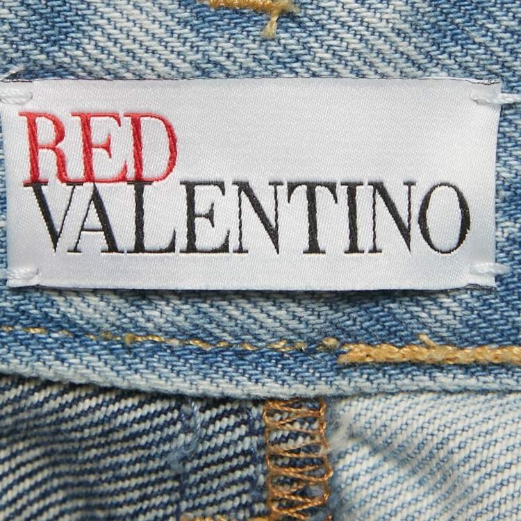 Pre Owned RED Valentino Blue Frayed Patchwork Denim Midi Skirt S/Waist 24"