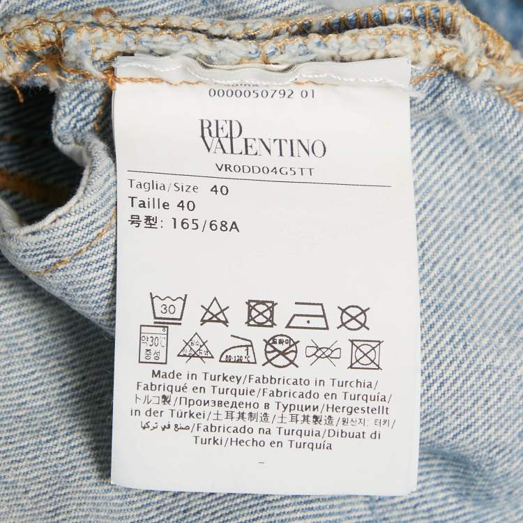 Pre Owned RED Valentino Blue Frayed Patchwork Denim Midi Skirt S/Waist 24"