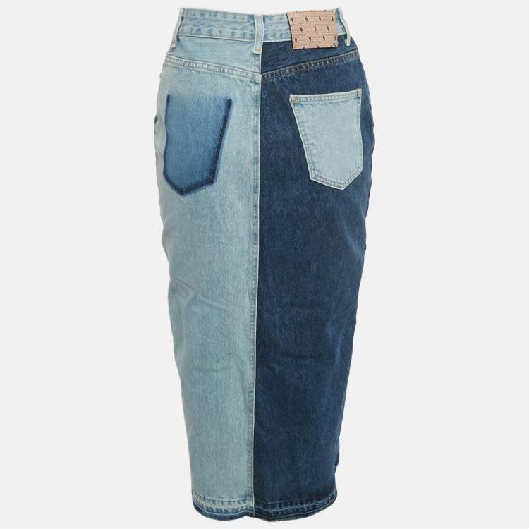 Pre Owned RED Valentino Blue Frayed Patchwork Denim Midi Skirt S/Waist 24"