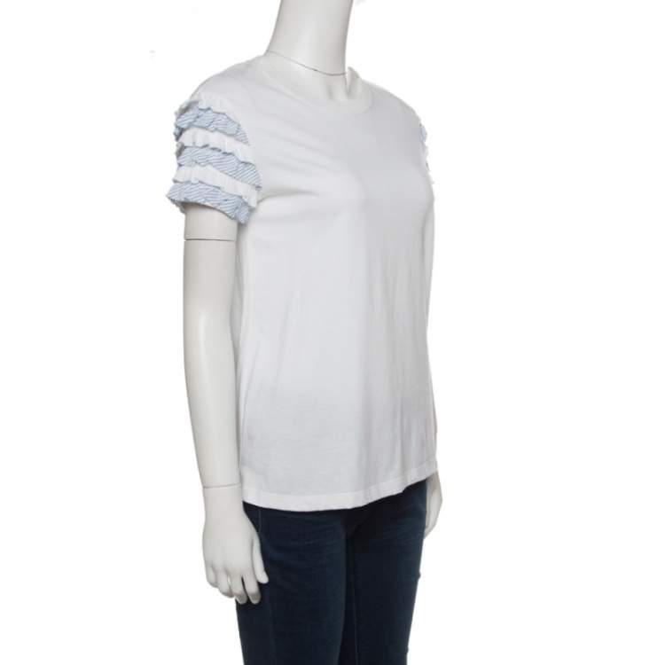 Pre Owned RED Valentino White Cotton Jersey Striped Ruffled Sleeve T-Shirt M