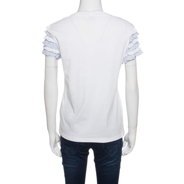 Pre Owned RED Valentino White Cotton Jersey Striped Ruffled Sleeve T-Shirt M