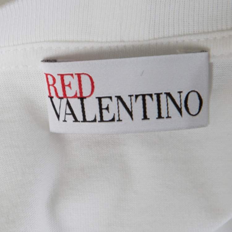Pre Owned RED Valentino White Cotton Jersey Striped Ruffled Sleeve T-Shirt M