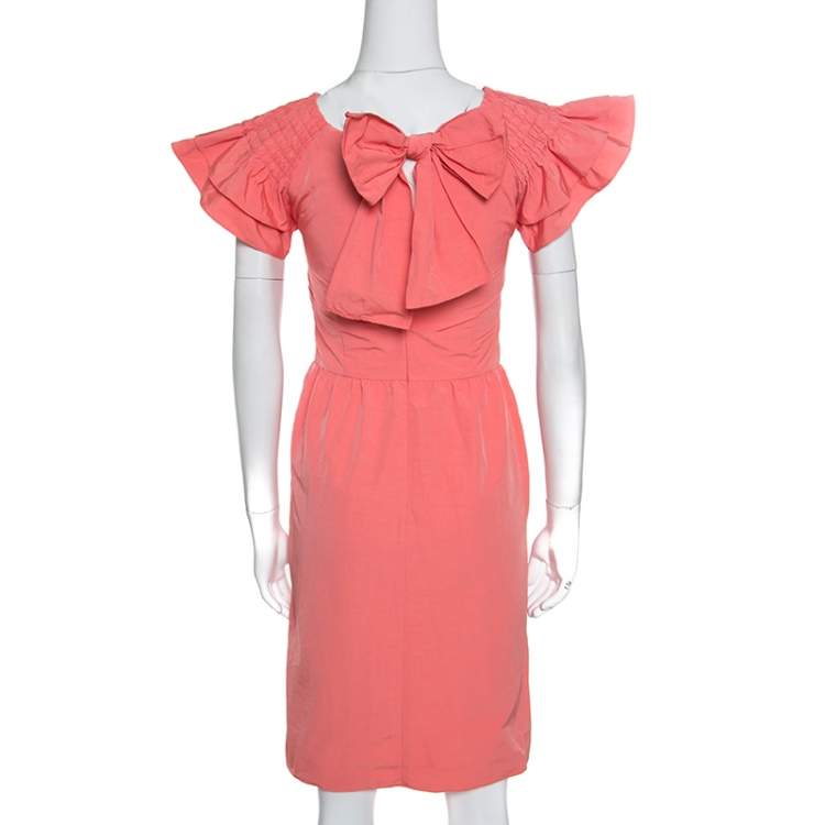 Pre Owned Red Valentino Peach Cotton Blend Smocked Sleeve Detail Sheath Dress S
