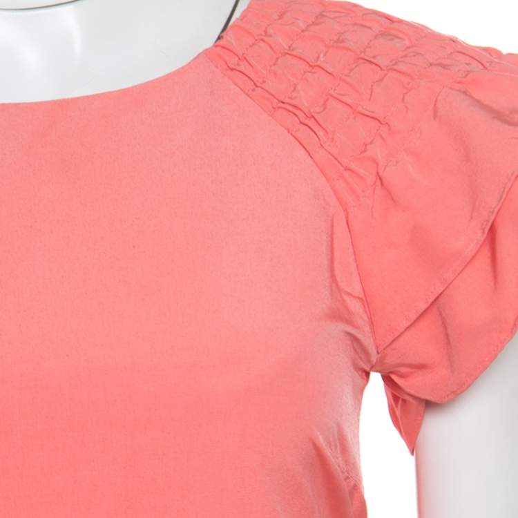 Pre Owned Red Valentino Peach Cotton Blend Smocked Sleeve Detail Sheath Dress S