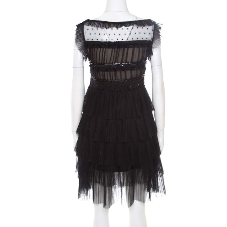 مملوكة مسبقًا RED Valentino Black Tulle Embellished Sheer Yoke Detail Plisse Tiered Dress S